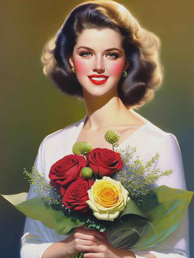 06933-649248377-A beautiful woman with perfect facial features in modern light clothes holds a spring bouquet Rolf Armstrong style in her hands.png